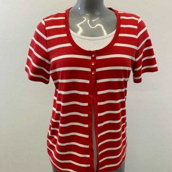 Allison Daley Women's Medium Red White Striped Short Sleeve Scoop Neck Top - Picture 1 of 5